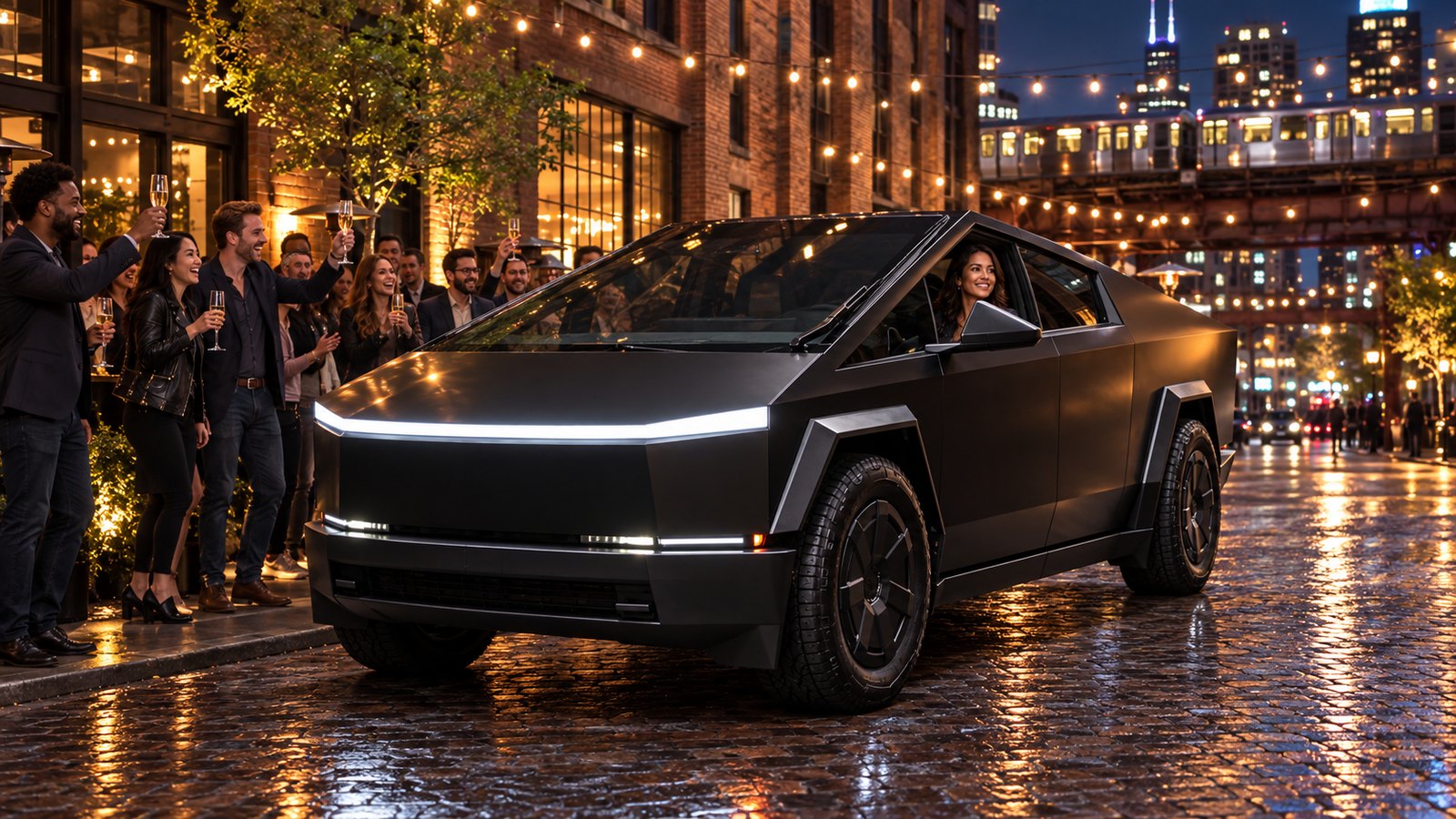 A startup launch party around a Tesla Cybertruck on a West Loop street at night