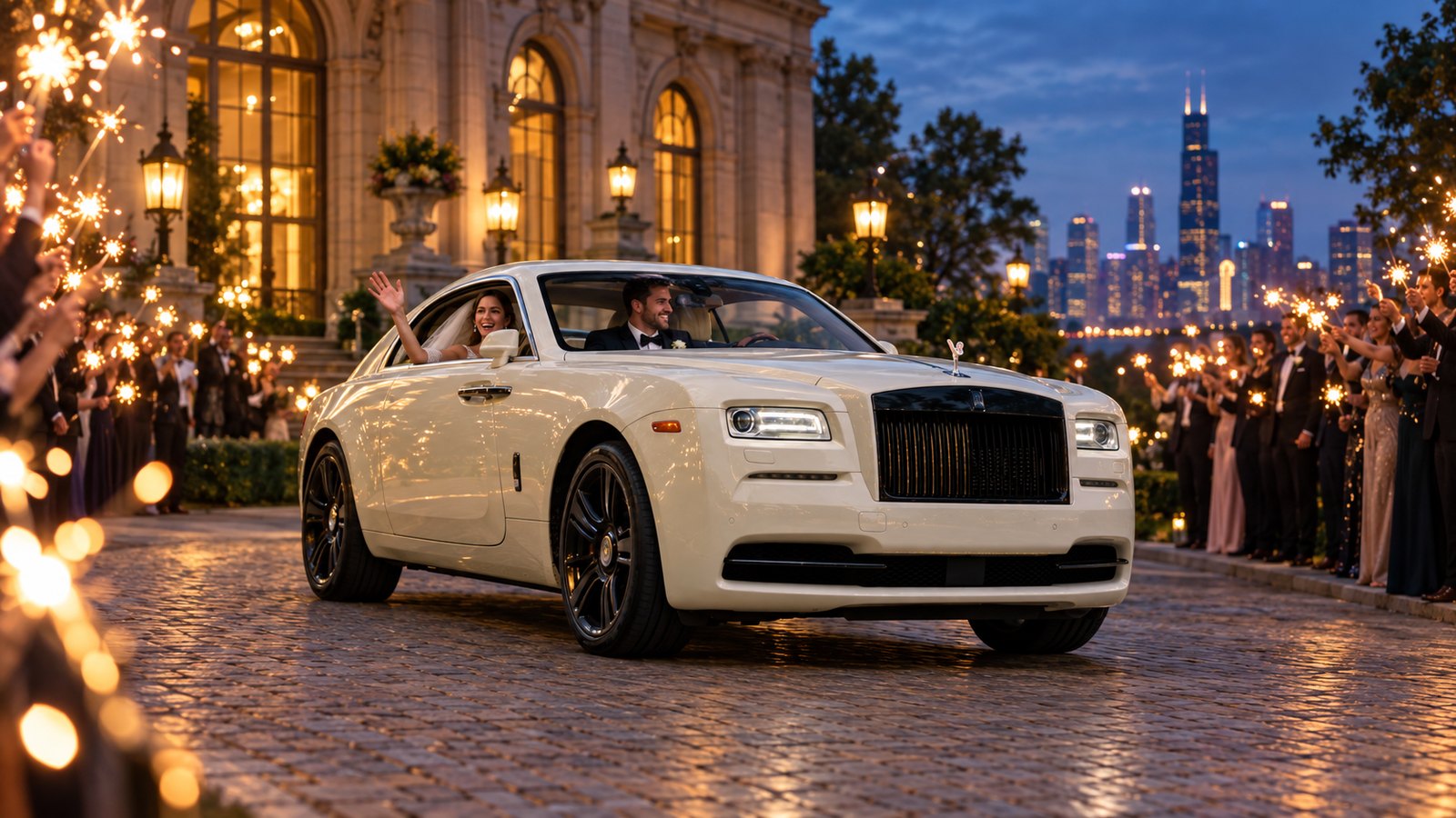 Guests with sparklers line the drive as a cream Rolls-Royce Wraith waits for the wedding getaway